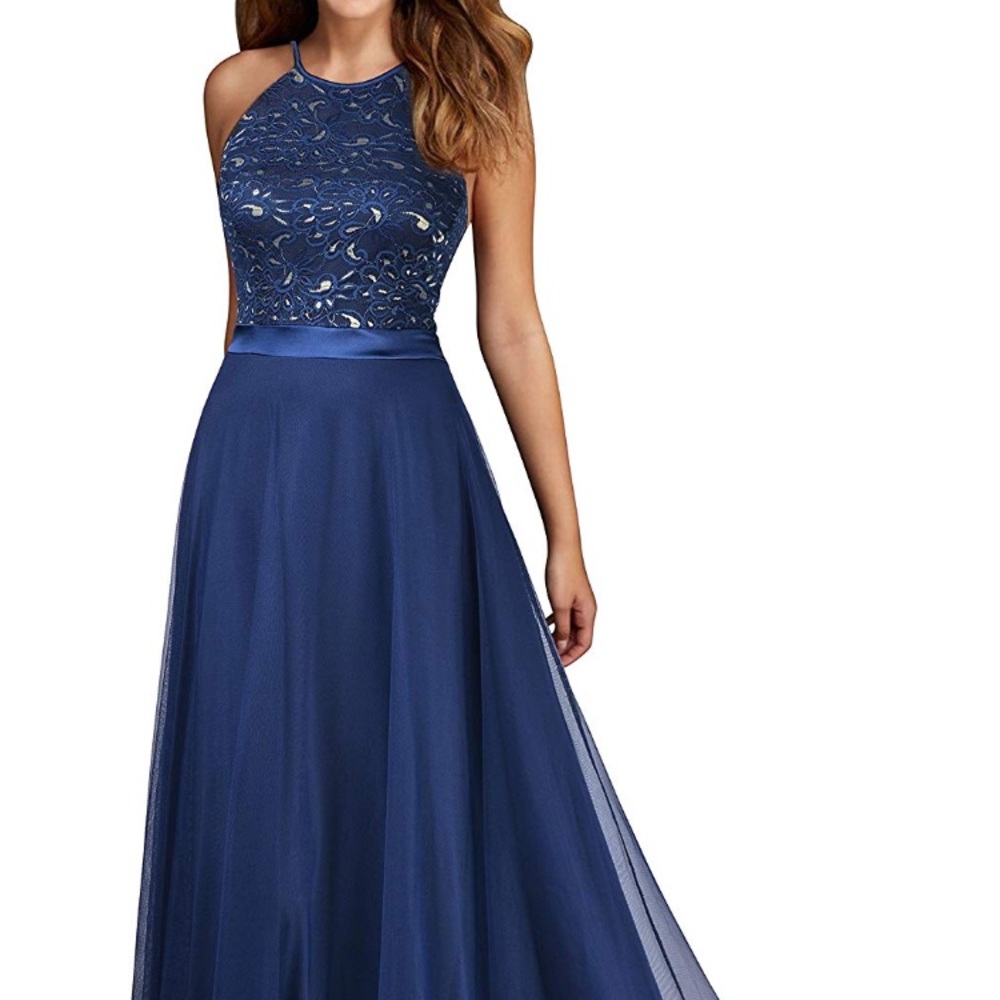 Blue lace and chiffon evening dress NWT